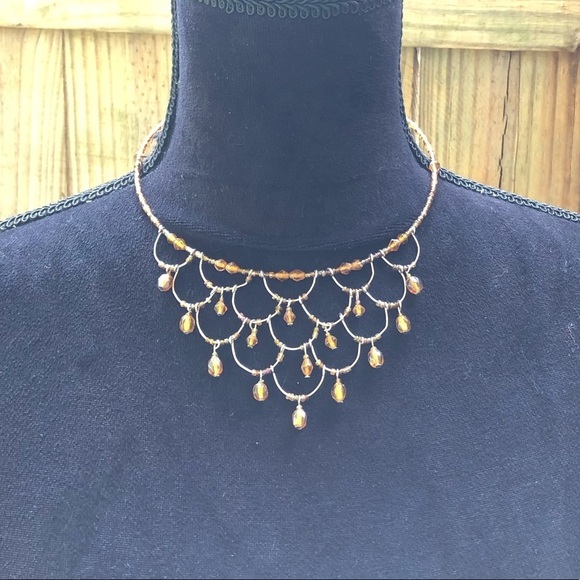 Jewelry - Amber Beaded Wire Bib Chandelier Necklace